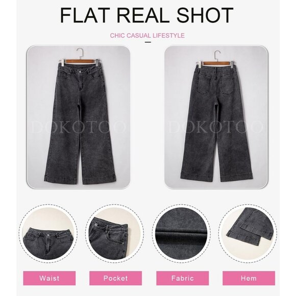 Women's Dark Grey Waisted Wide Leg Denim Jeans Stretchy Loose Pants with Pockets - Picture 6 of 6